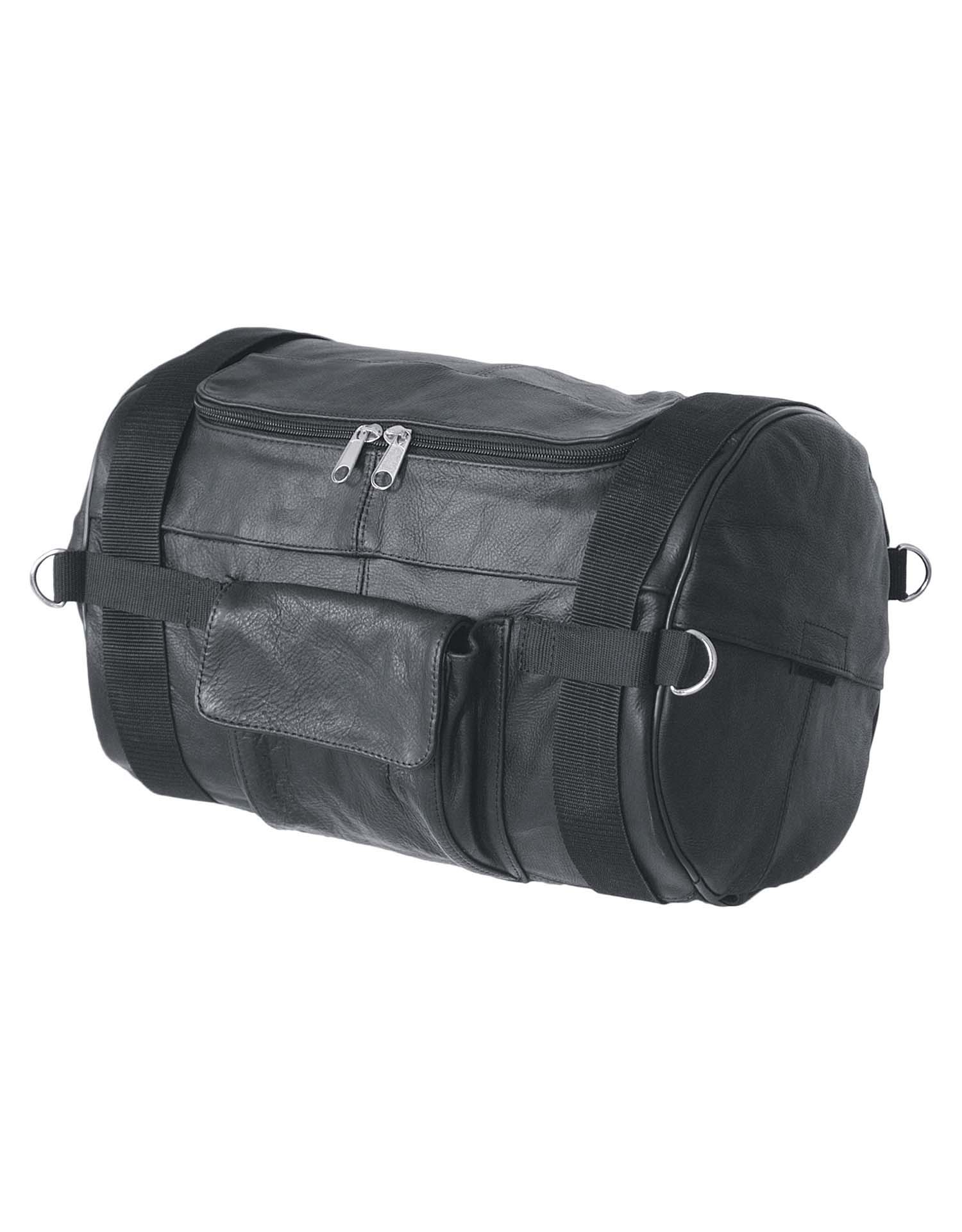 Black Leather Duffel Bag with Rain Cover, 14â€W x 10â€H