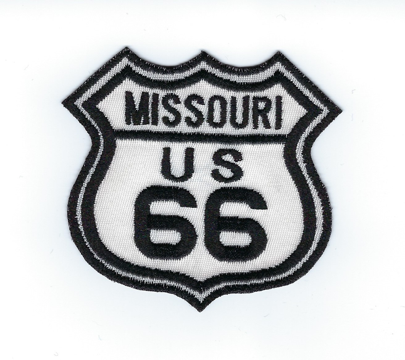 Route 66 Missouri US patch, black & white street sign design, 3" x 2.8"