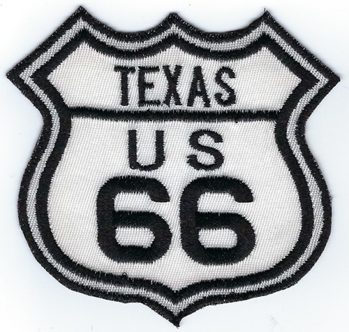 Route 66 Texas US patch, black & white street sign design, 3" x 2.8"