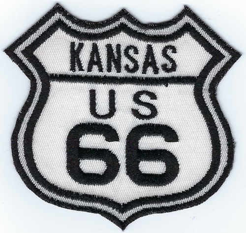 Route 66 Kansas US patch, black & white street sign design, 3" x 2.8"