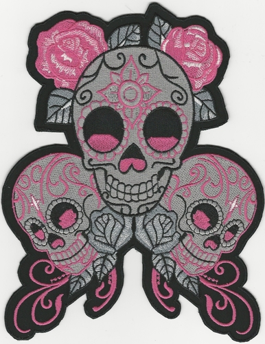 Three Skull patch with Pink Roses, 8"