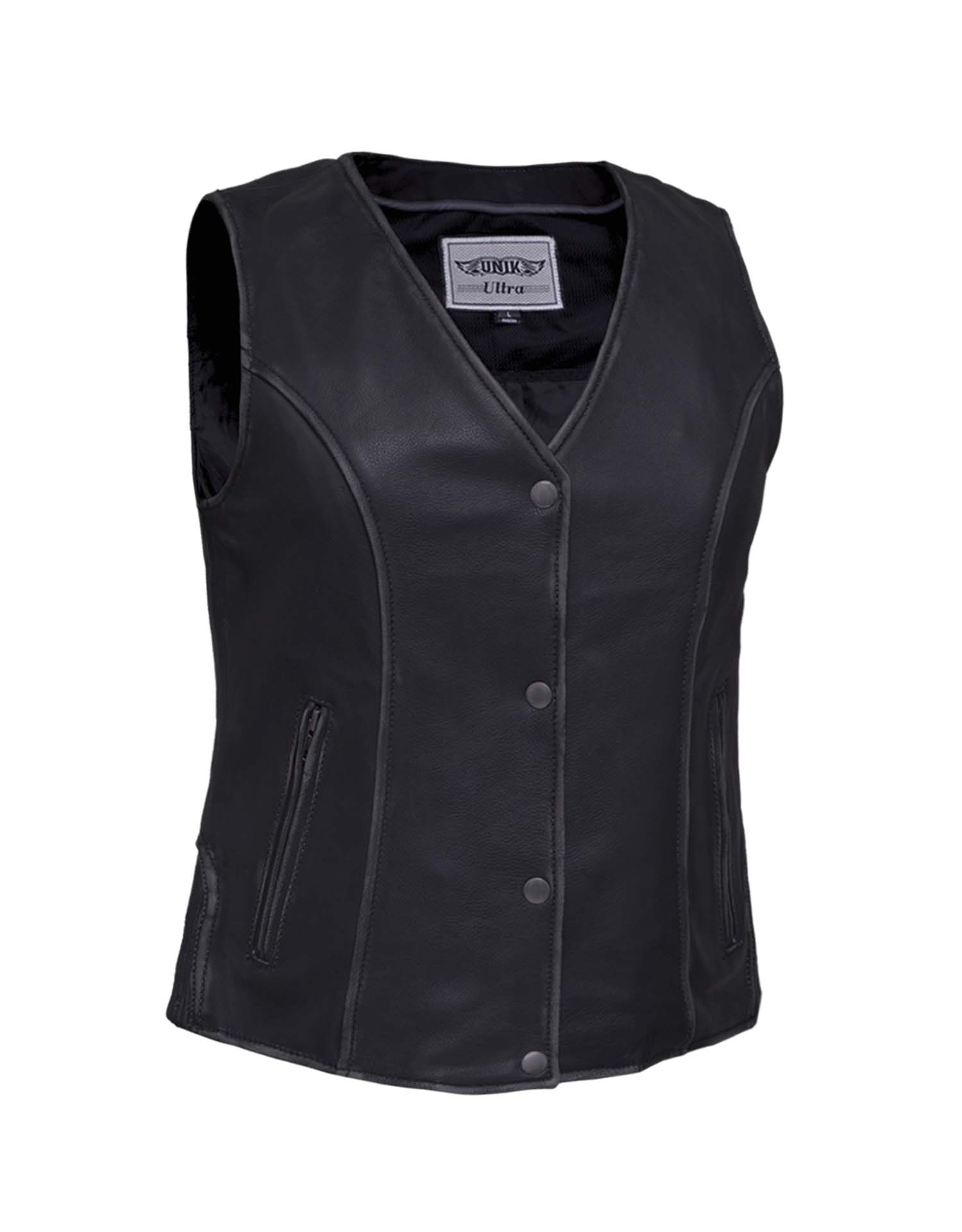 Ladies V-Neck Leather Vest With Zip Pockets (Size: X-Small)