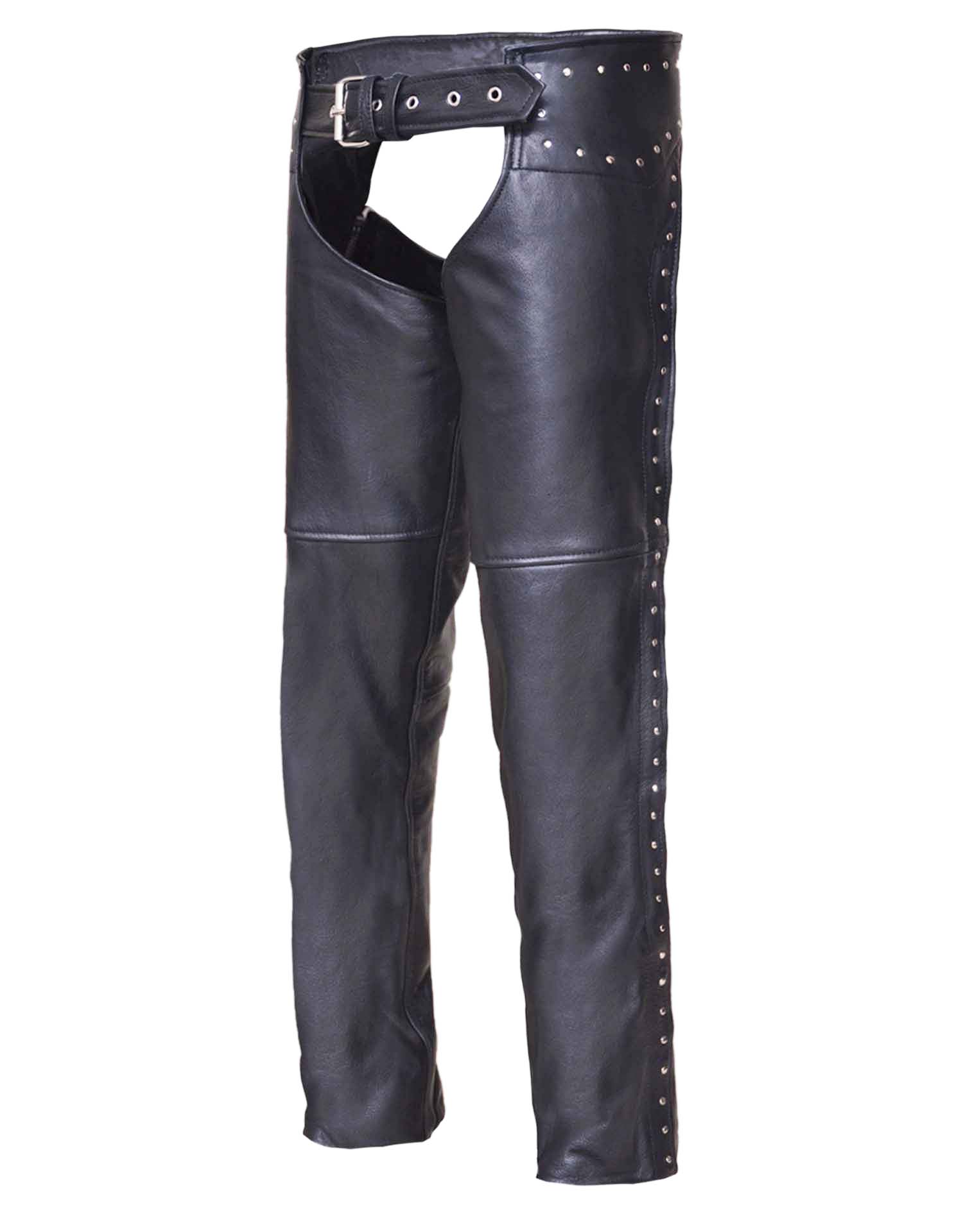 Ladies Low-Rise Premium Black Leather Chaps w/Studs (Size: 3X-Small)