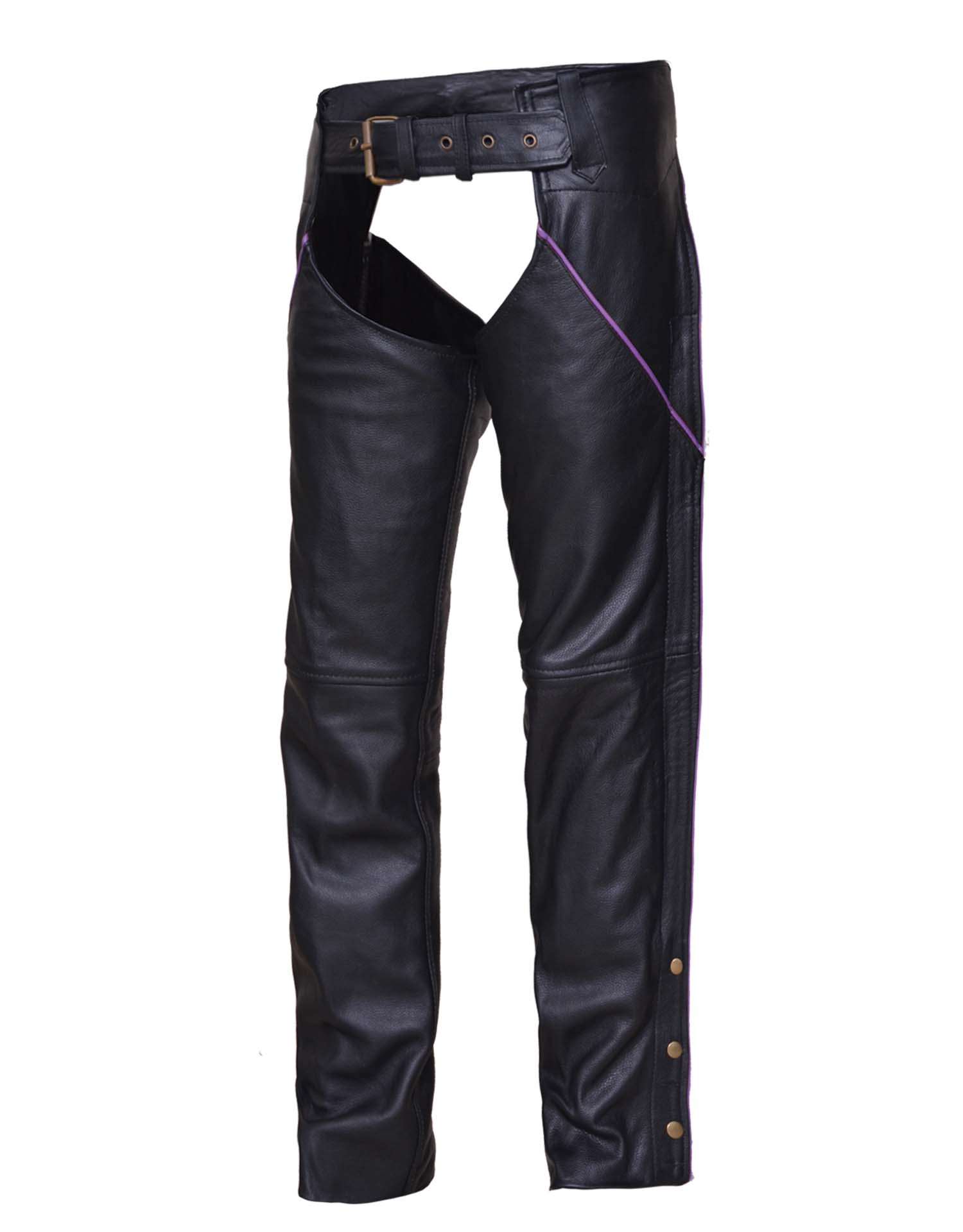 Ladies Premium Black Leather Chaps w/Purple Piping (Size: 3X-Small)