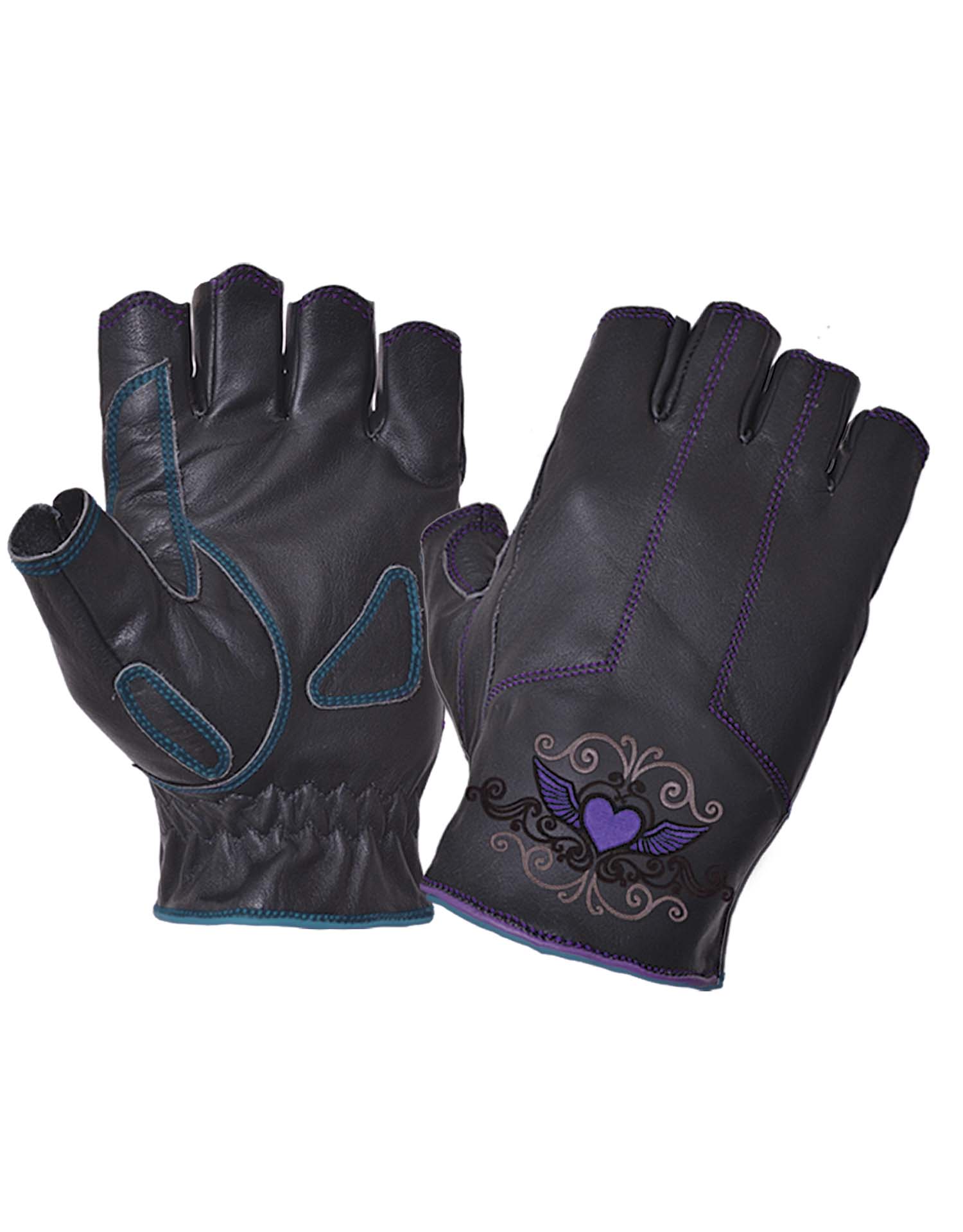 Ladies Black Leather Fingerless Gloves With Purple Tribal Hearts (Size: Large)