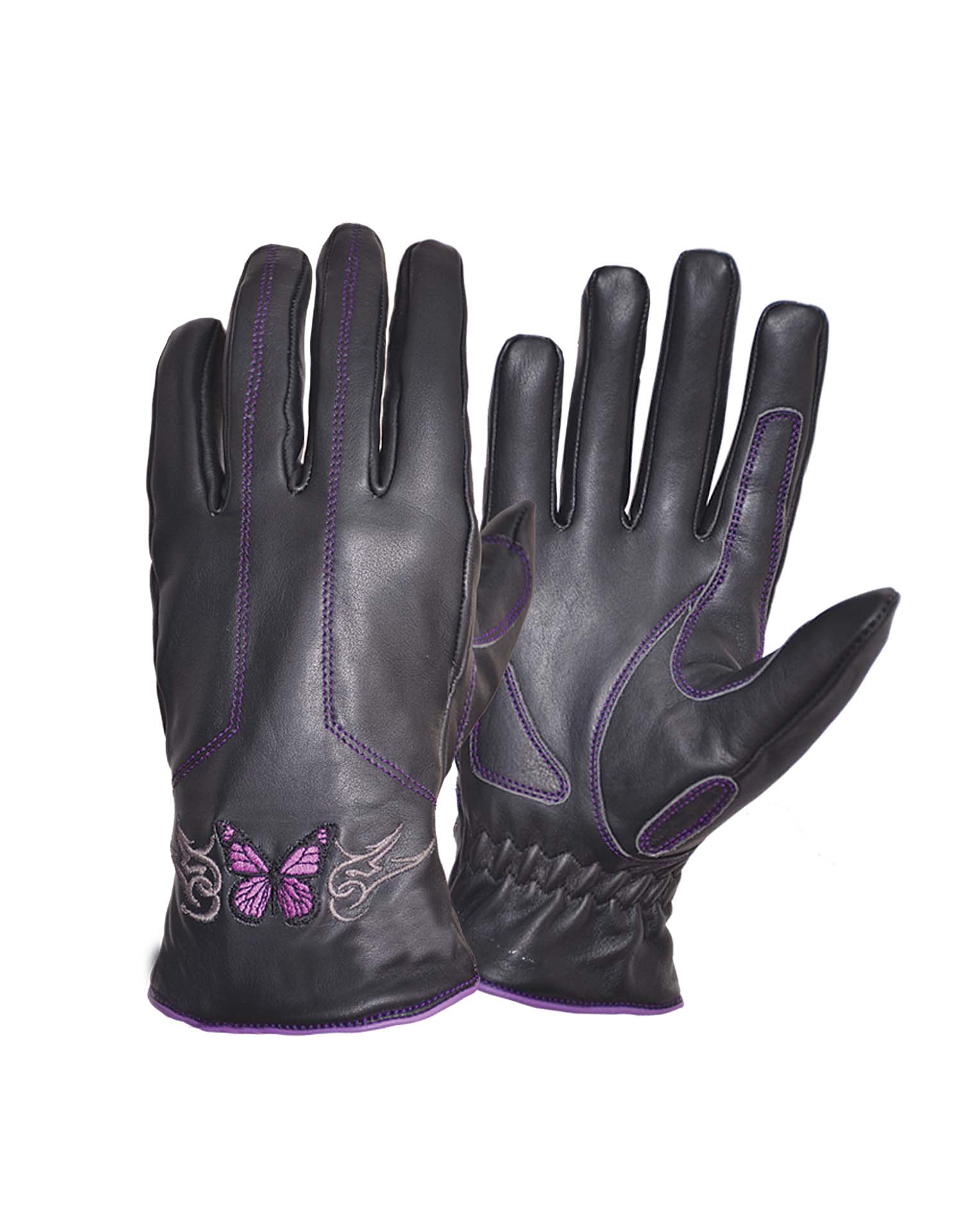 Ladies Full-Finger Gloves with Butterfly, Purple (Size: Large)