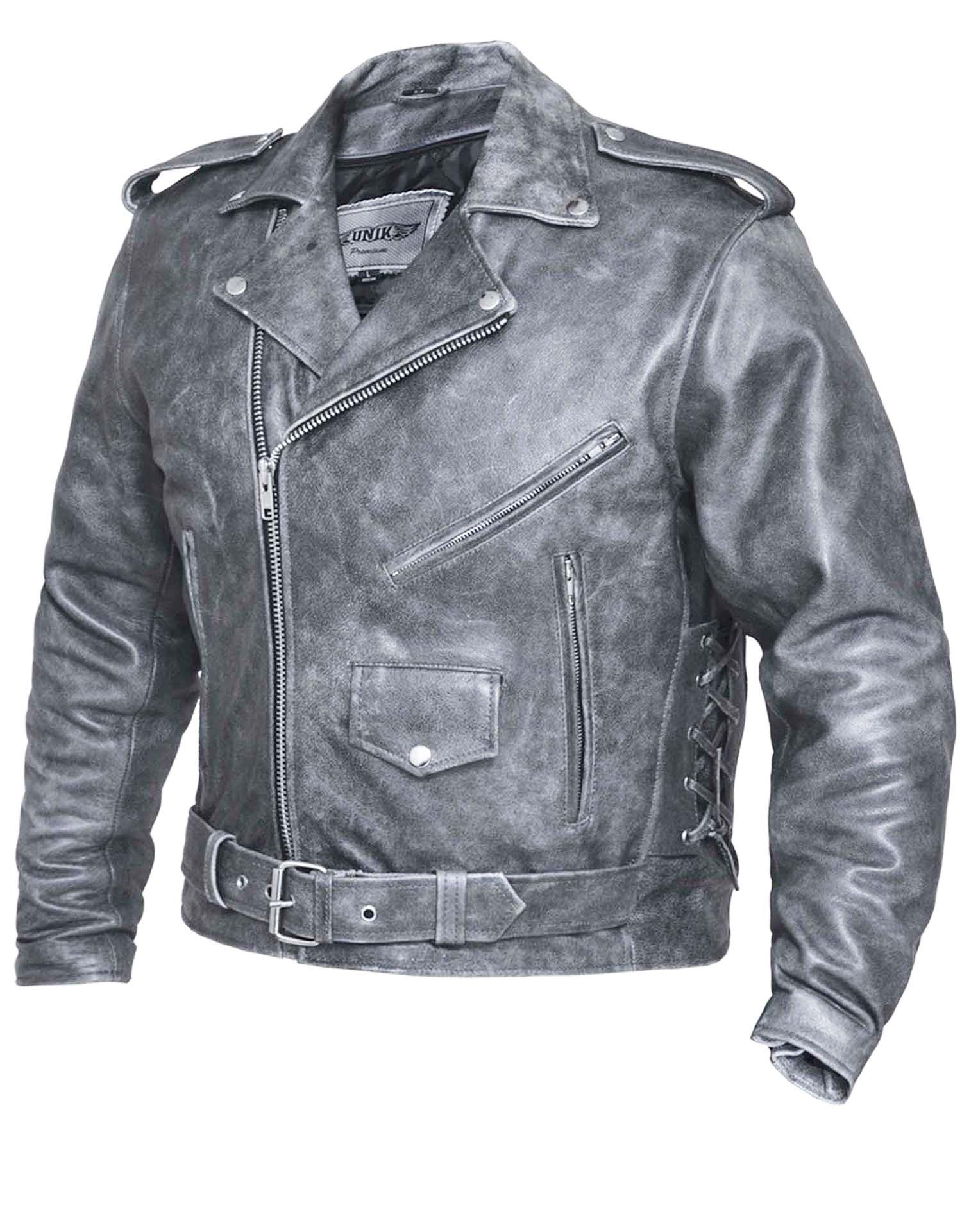 Mens Premium Tombstone Grey Traditional M.C. Leather Jacket (Size: Small)