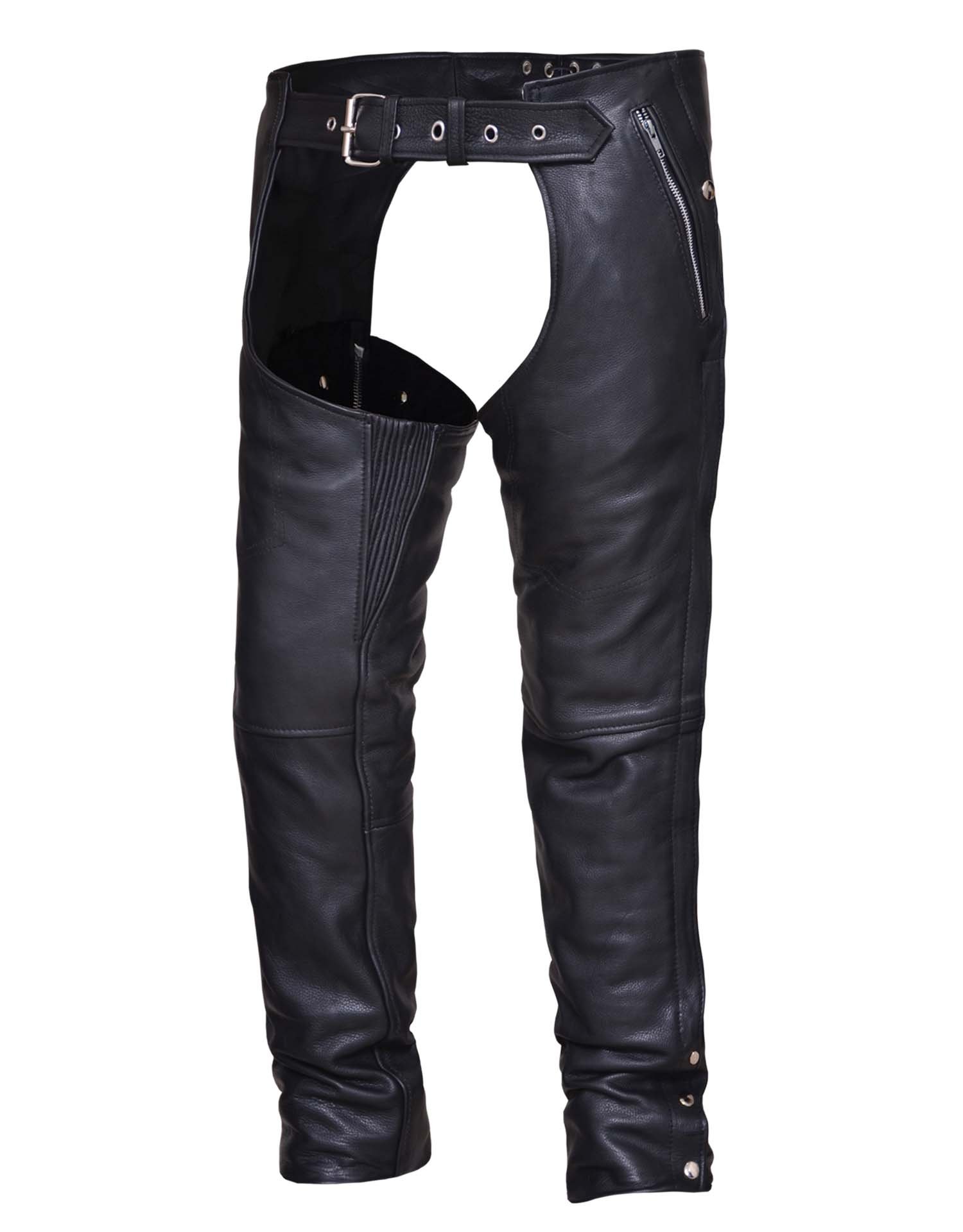 Unisex Ultra Black Leather Chaps w/ Inner Thigh Stretch Panel (Size: X-Small)