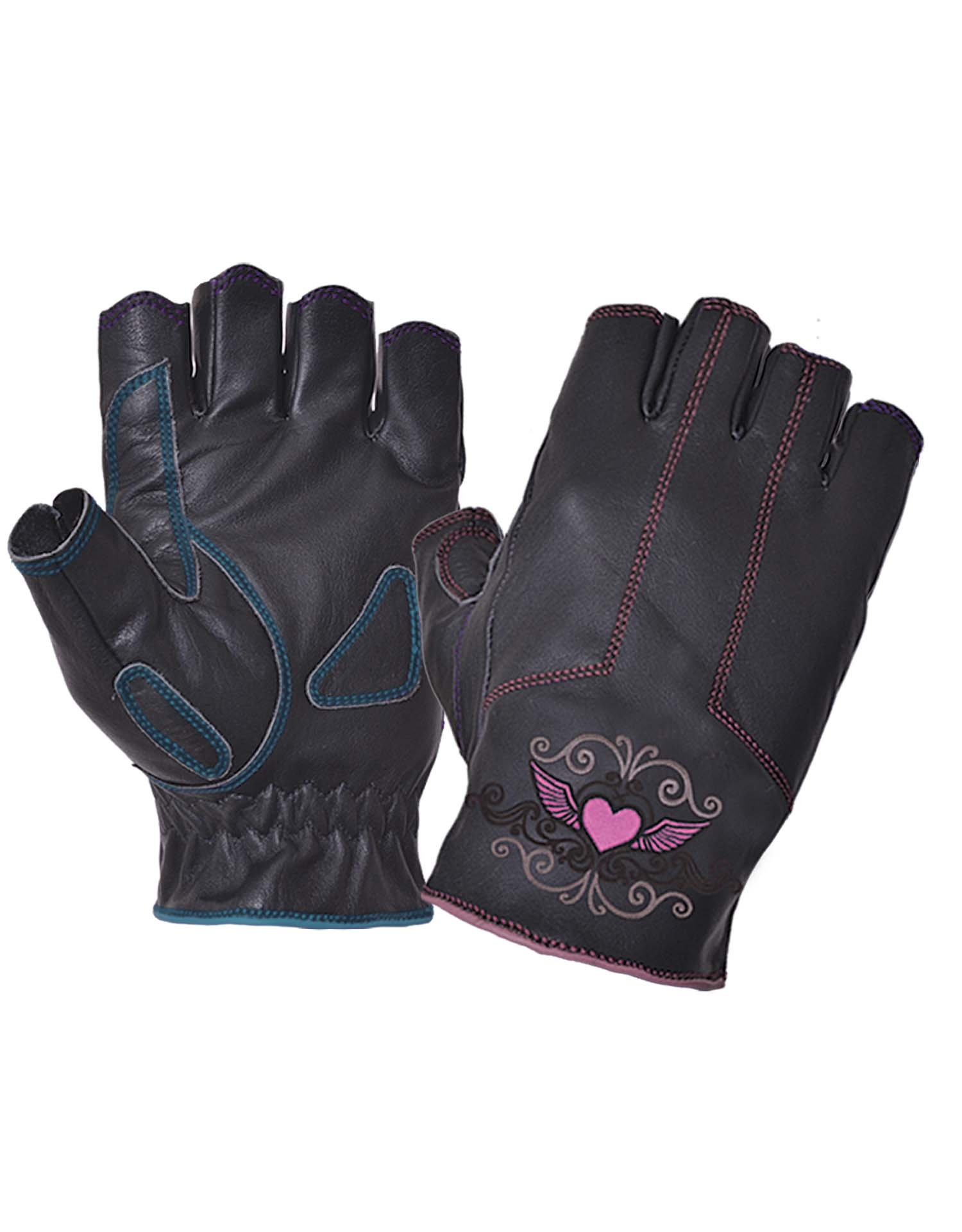 Ladies Black Leather Fingerless Gloves With Pink Tribal Hearts (Size: Large)