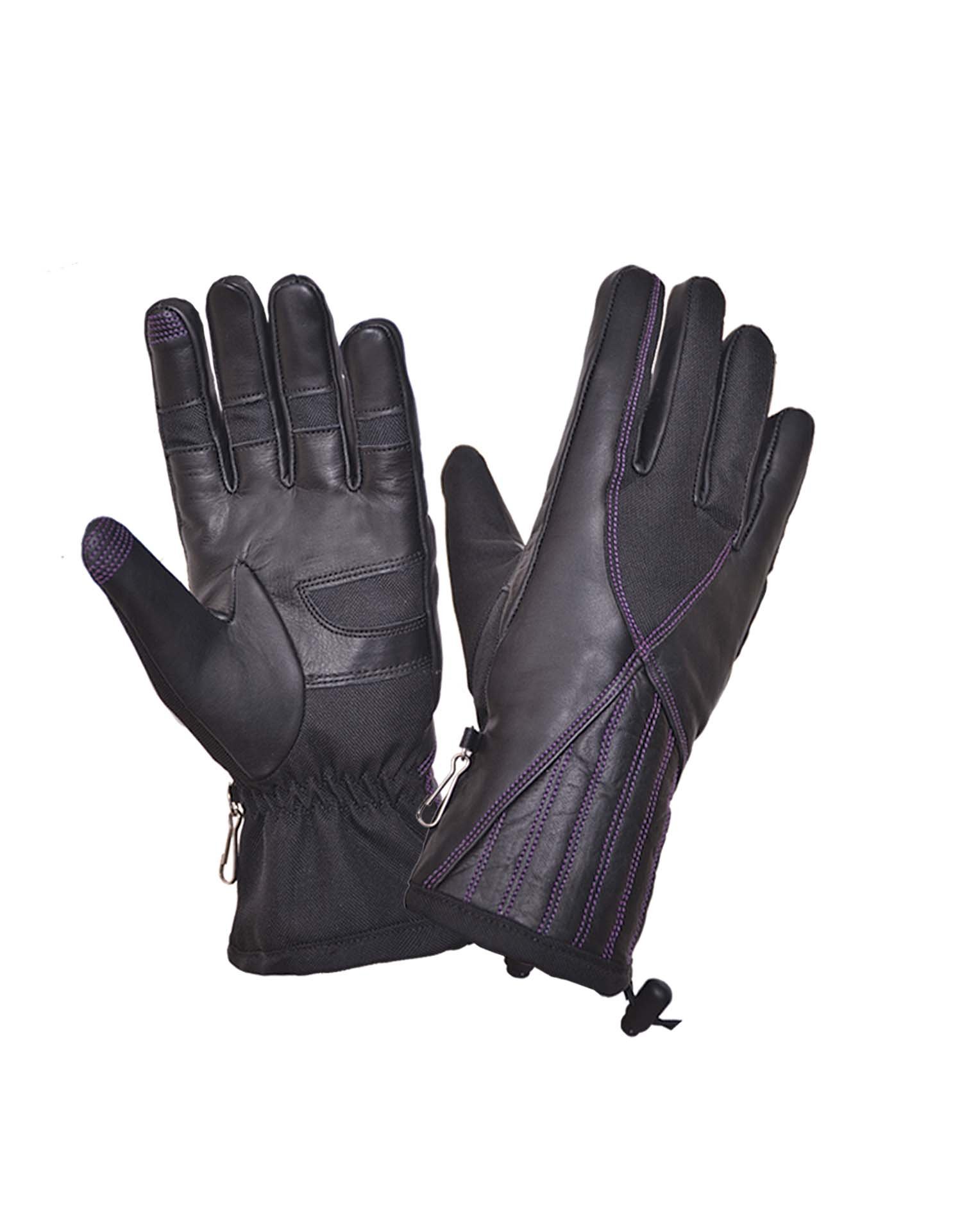 Ladies Black Full-Finger Gloves With Purple Stitching (Size: Large)